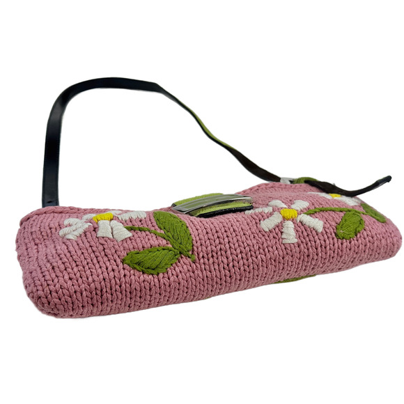Fendi Vintage Pink Knit Floral Green Cow Print Pony Hair Trim Baguette Bag - Picture 5 of 7